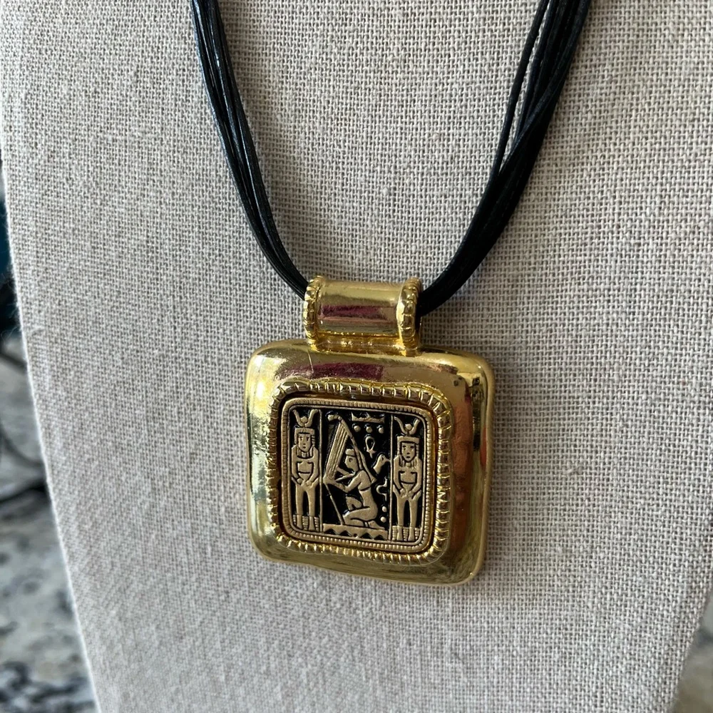 N288 Signed CHICO'S Gold EGYPTIAN Motif Square Pendant on 18" black rope group - Picture 5 of 6